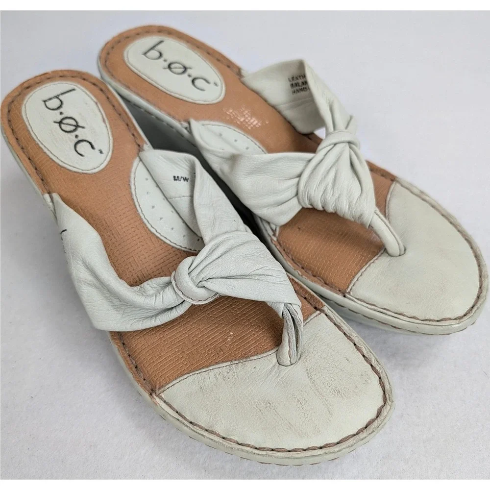 b.o.c. Born Concept Women 7 White Leather Knot Thong Wedge Sandals BC1111